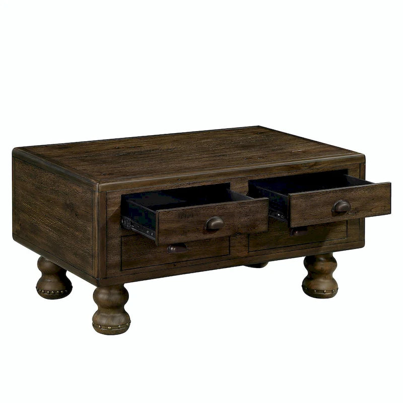 Table basse en pin massif marron antique avec tiroirs et pieds gourde