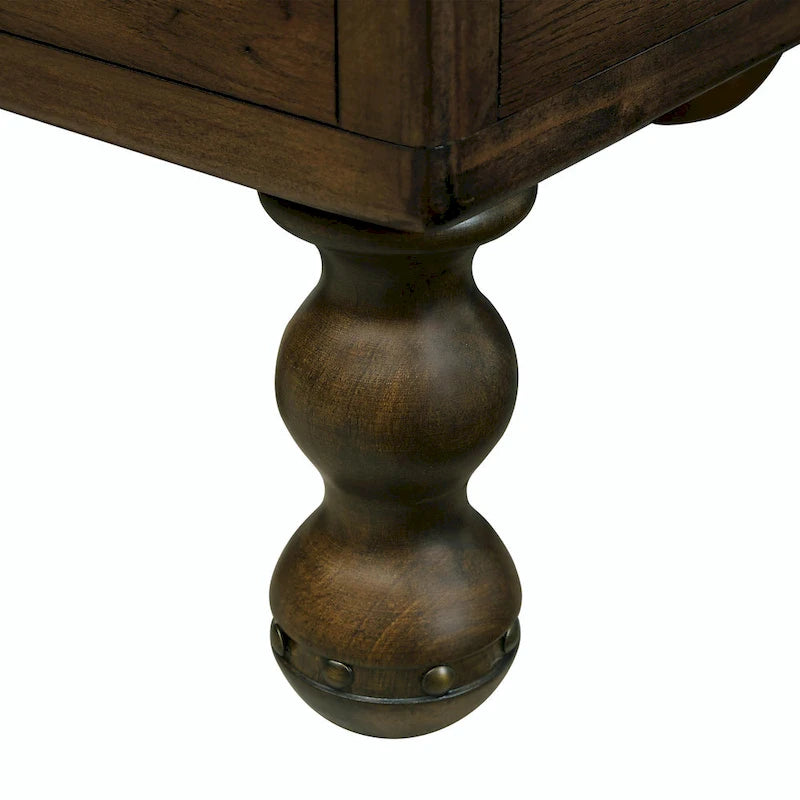 Table basse en pin massif marron antique avec tiroirs et pieds gourde