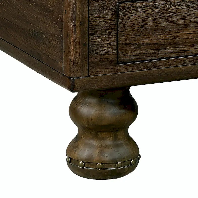 Table basse en pin massif marron antique avec tiroirs et pieds gourde