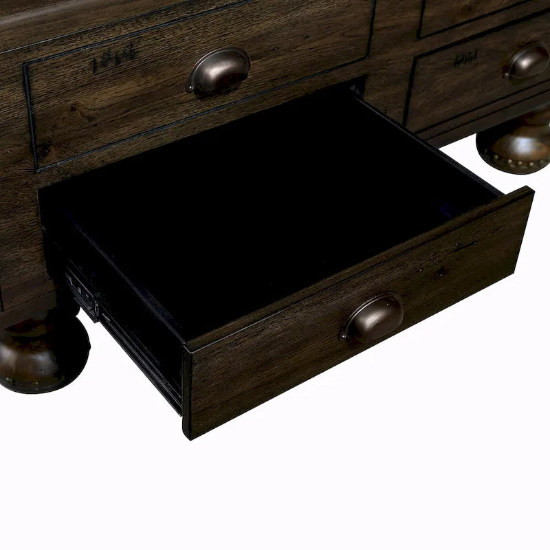 Table basse en pin massif marron antique avec tiroirs et pieds gourde