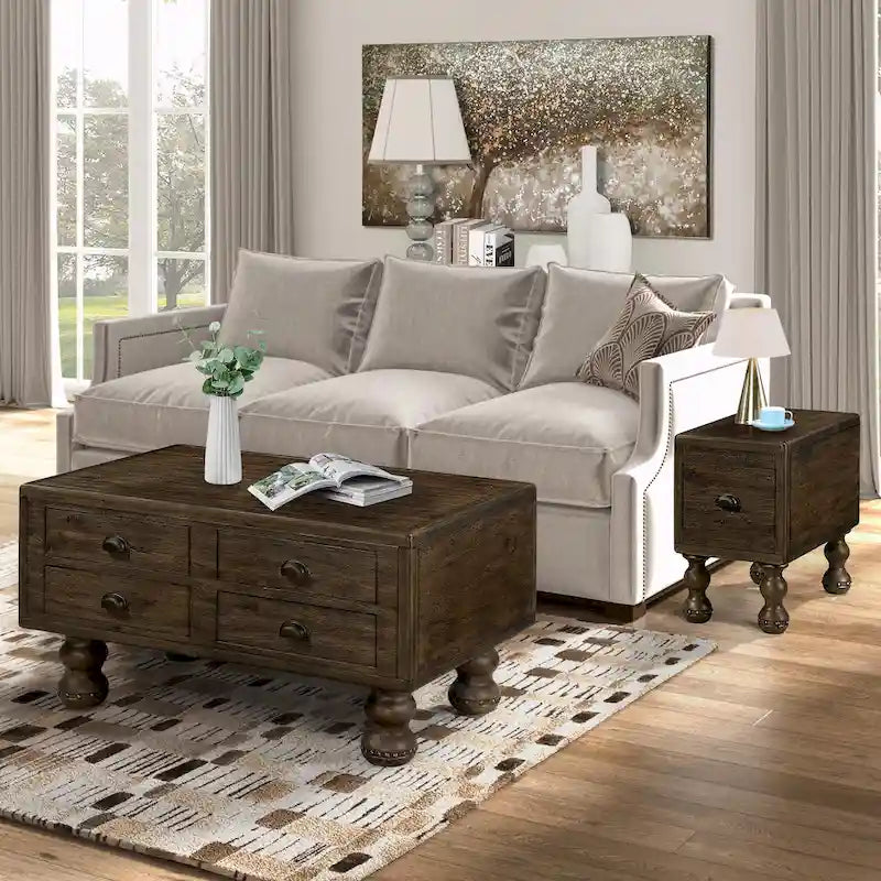 Table basse en pin massif marron antique avec tiroirs et pieds gourde