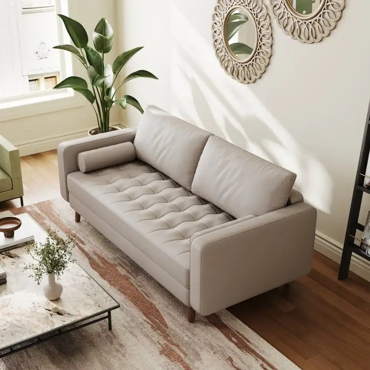 Canapé accoudoir carré en similicuir capitonné avec pieds en bois massif beige