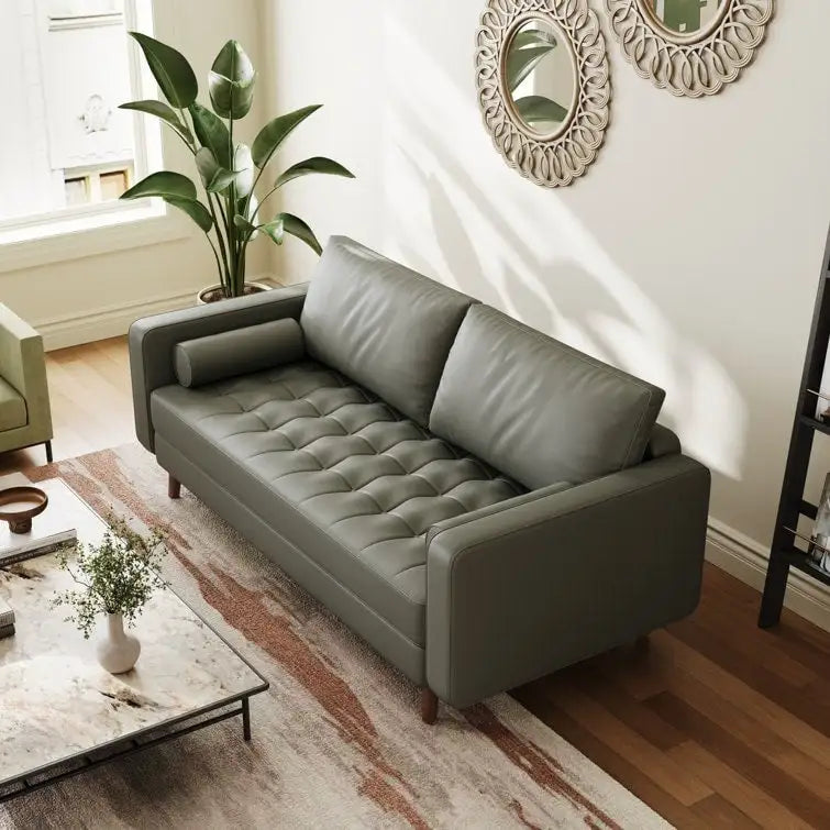 Canapé accoudoir carré en similicuir capitonné avec pieds en bois massif beige