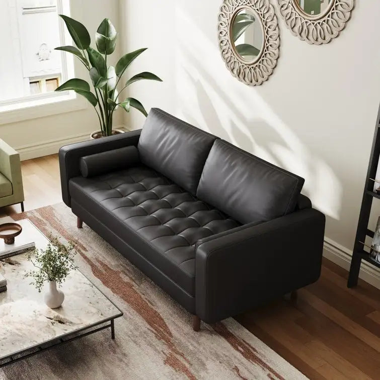 Canapé accoudoir carré en similicuir capitonné avec pieds en bois massif beige