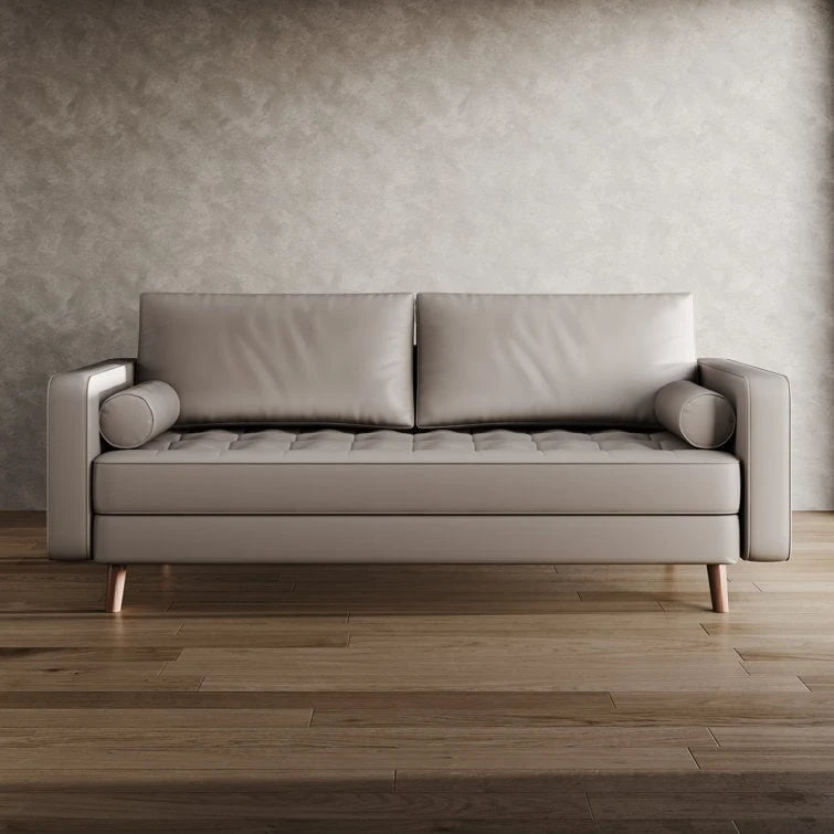 Canapé accoudoir carré en similicuir capitonné avec pieds en bois massif beige