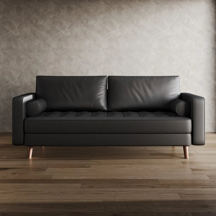 Canapé accoudoir carré en similicuir capitonné avec pieds en bois massif beige