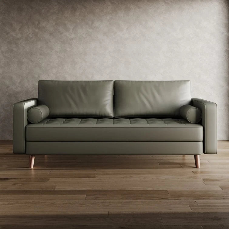 Canapé accoudoir carré en similicuir capitonné avec pieds en bois massif beige