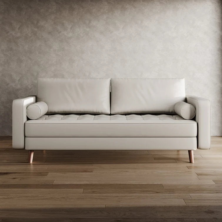 Canapé accoudoir carré en similicuir capitonné avec pieds en bois massif beige