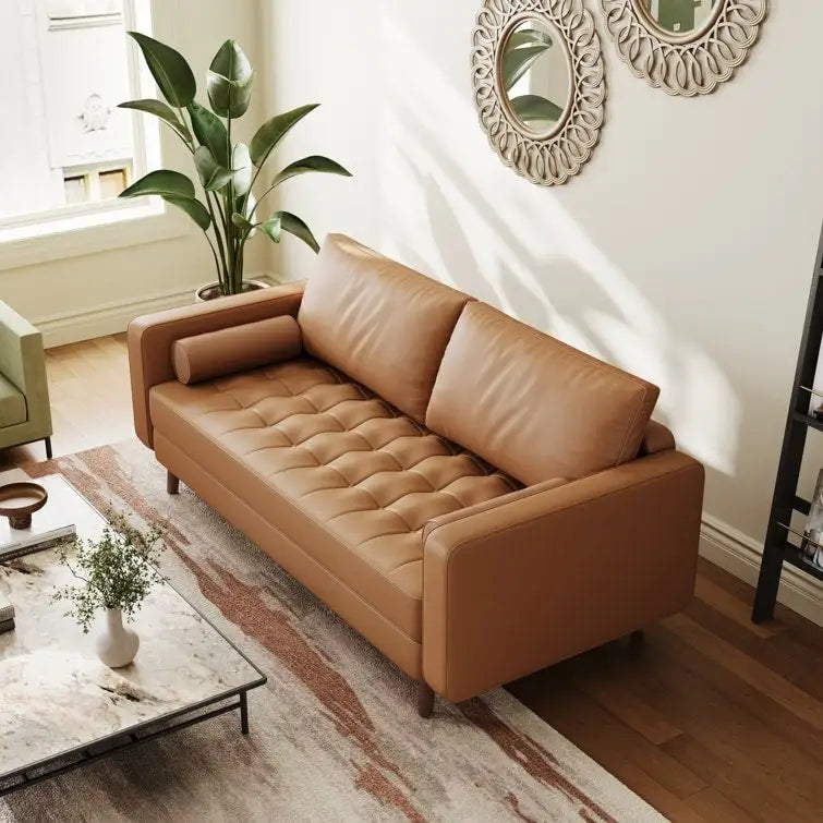 Canapé accoudoir carré en similicuir capitonné avec pieds en bois massif beige