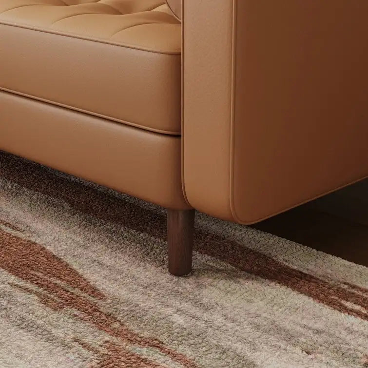 Canapé accoudoir carré en similicuir capitonné avec pieds en bois massif beige