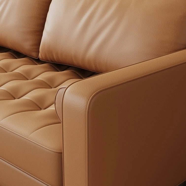Canapé accoudoir carré en similicuir capitonné avec pieds en bois massif beige