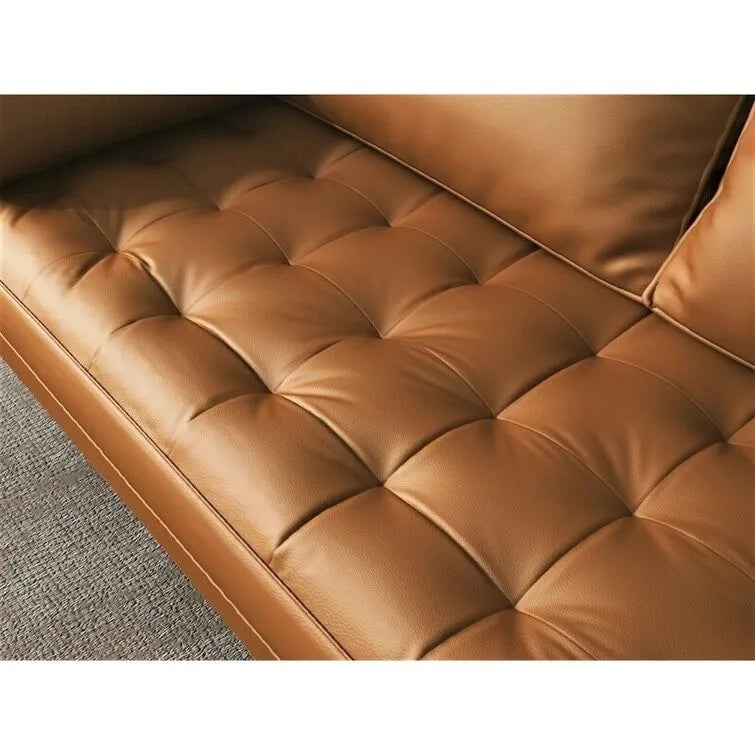 Canapé accoudoir carré en similicuir capitonné avec pieds en bois massif beige