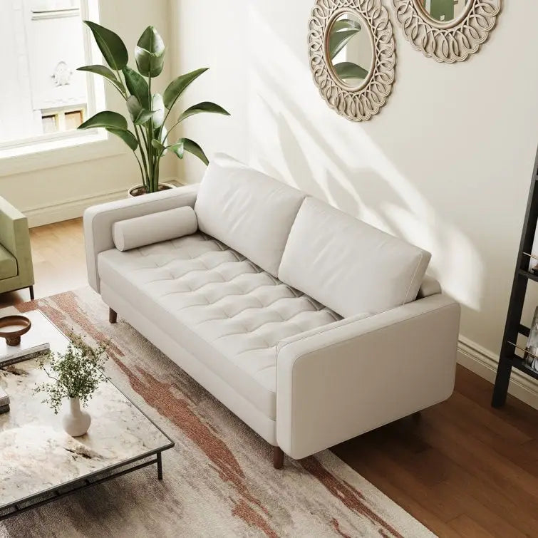 Canapé accoudoir carré en similicuir capitonné avec pieds en bois massif beige