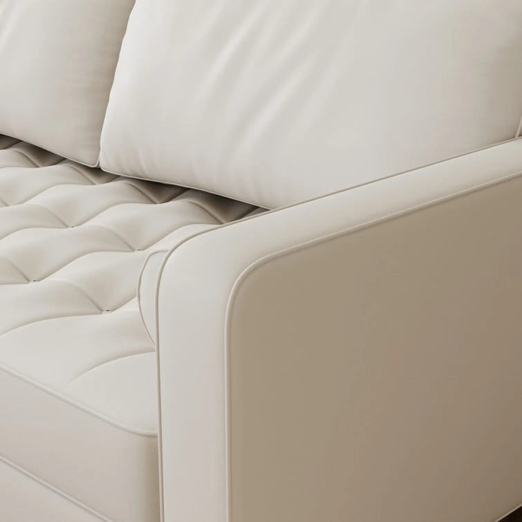 Canapé accoudoir carré en similicuir capitonné avec pieds en bois massif beige