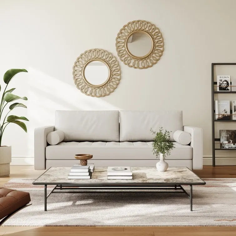 Canapé accoudoir carré en similicuir capitonné avec pieds en bois massif beige