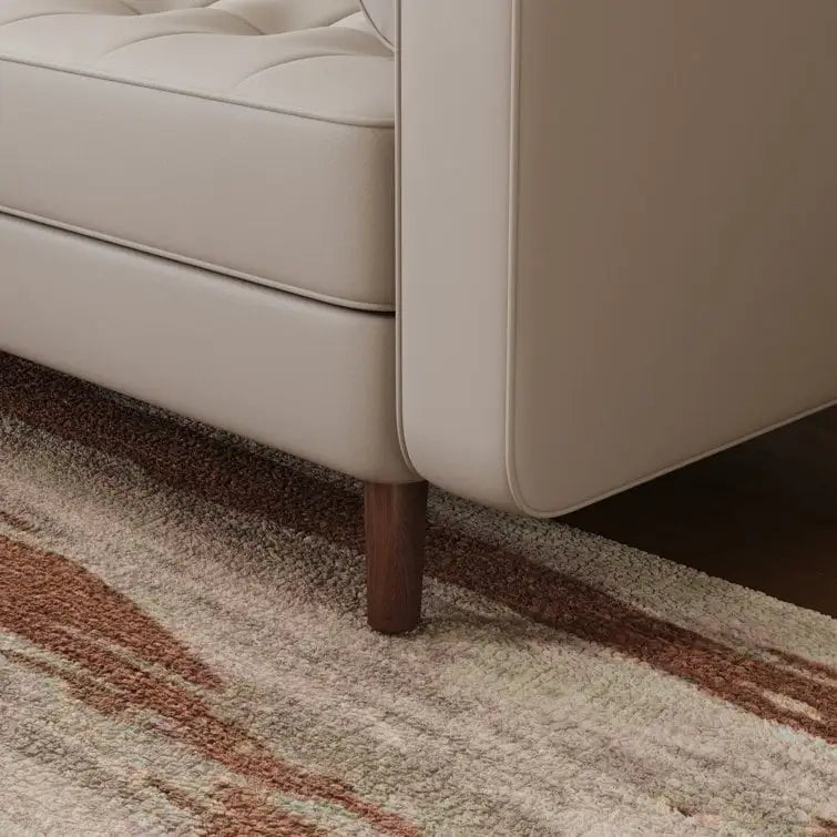 Canapé accoudoir carré en similicuir capitonné avec pieds en bois massif beige