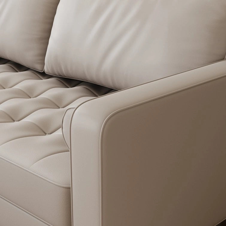 Canapé accoudoir carré en similicuir capitonné avec pieds en bois massif beige