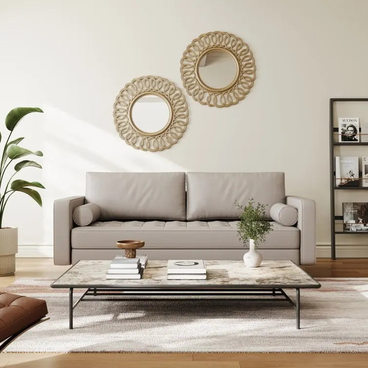 Canapé accoudoir carré en similicuir capitonné avec pieds en bois massif beige
