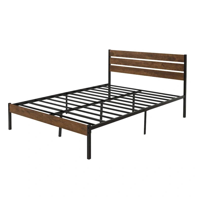 Lit plateforme en métal marron avec tête de lit en bois et espace de rangement