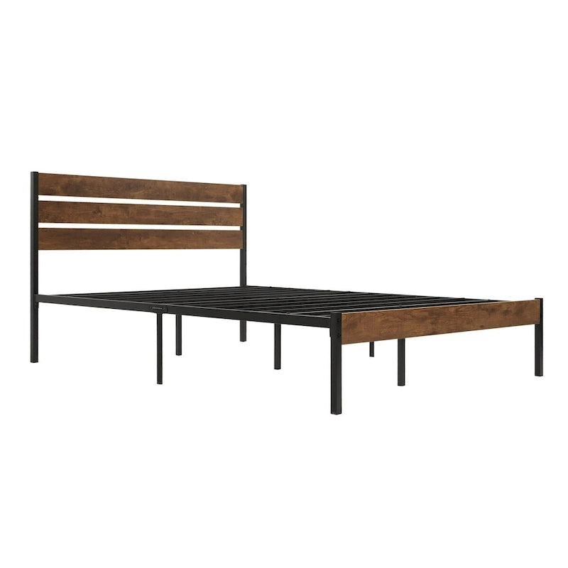 Lit plateforme en métal marron avec tête de lit en bois et espace de rangement