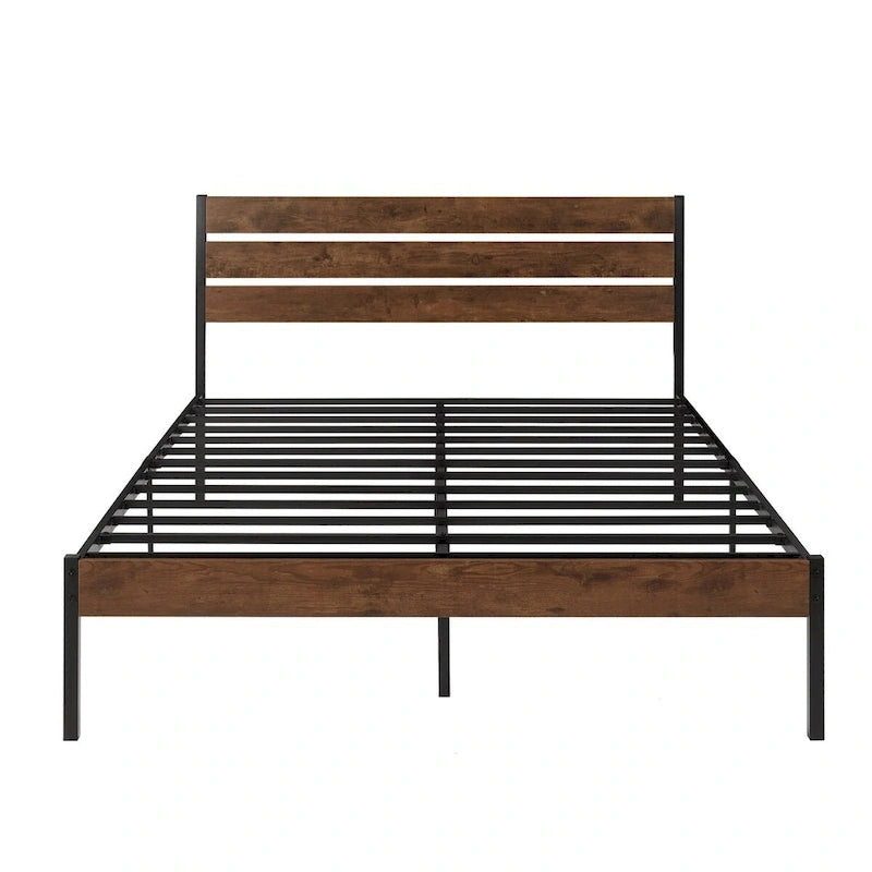 Lit plateforme en métal marron avec tête de lit en bois et espace de rangement