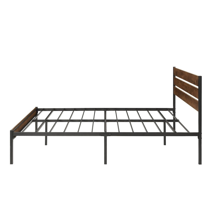 Lit plateforme en métal marron avec tête de lit en bois et espace de rangement