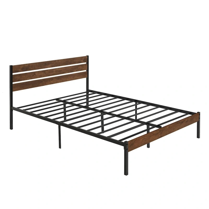 Lit plateforme en métal marron avec tête de lit en bois et espace de rangement